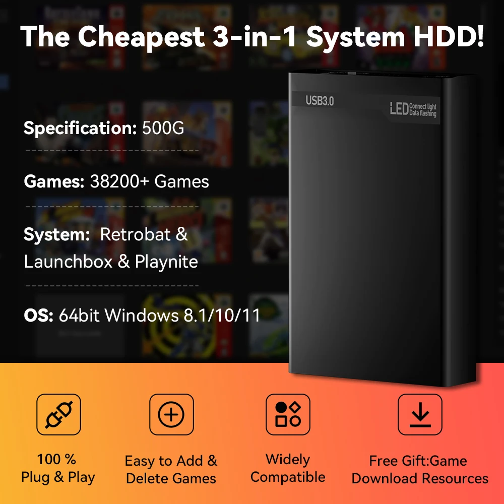 JMachen Mix 500GB Gaming HDD مع 38200+ AAA & PC Games Emulator Game Console لـ PS3/XBOX/Switch/PS3/PS2/Gamecube for Wins PC