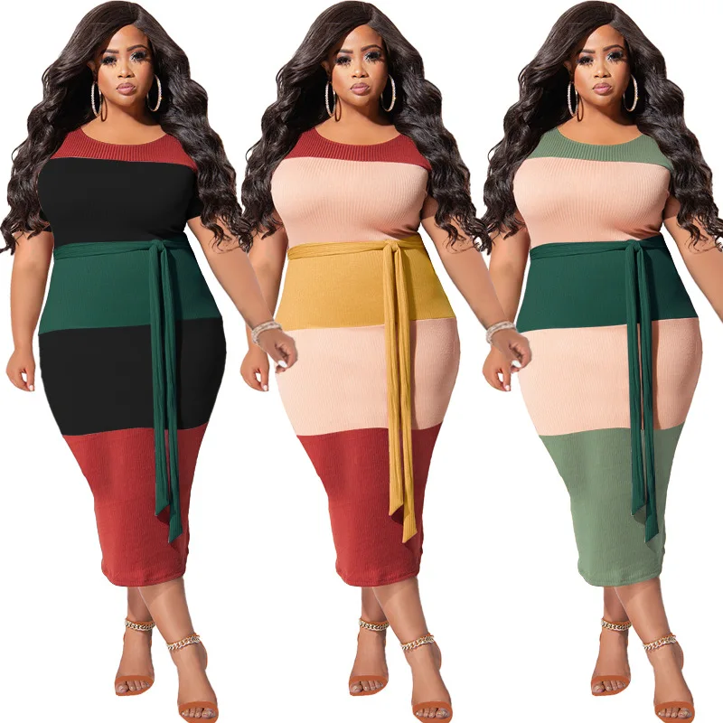 Sumemr sexy magro vestido longo feminino com faixas moda retalhos com nervuras vestidos plus size roupas atacado dropshipping