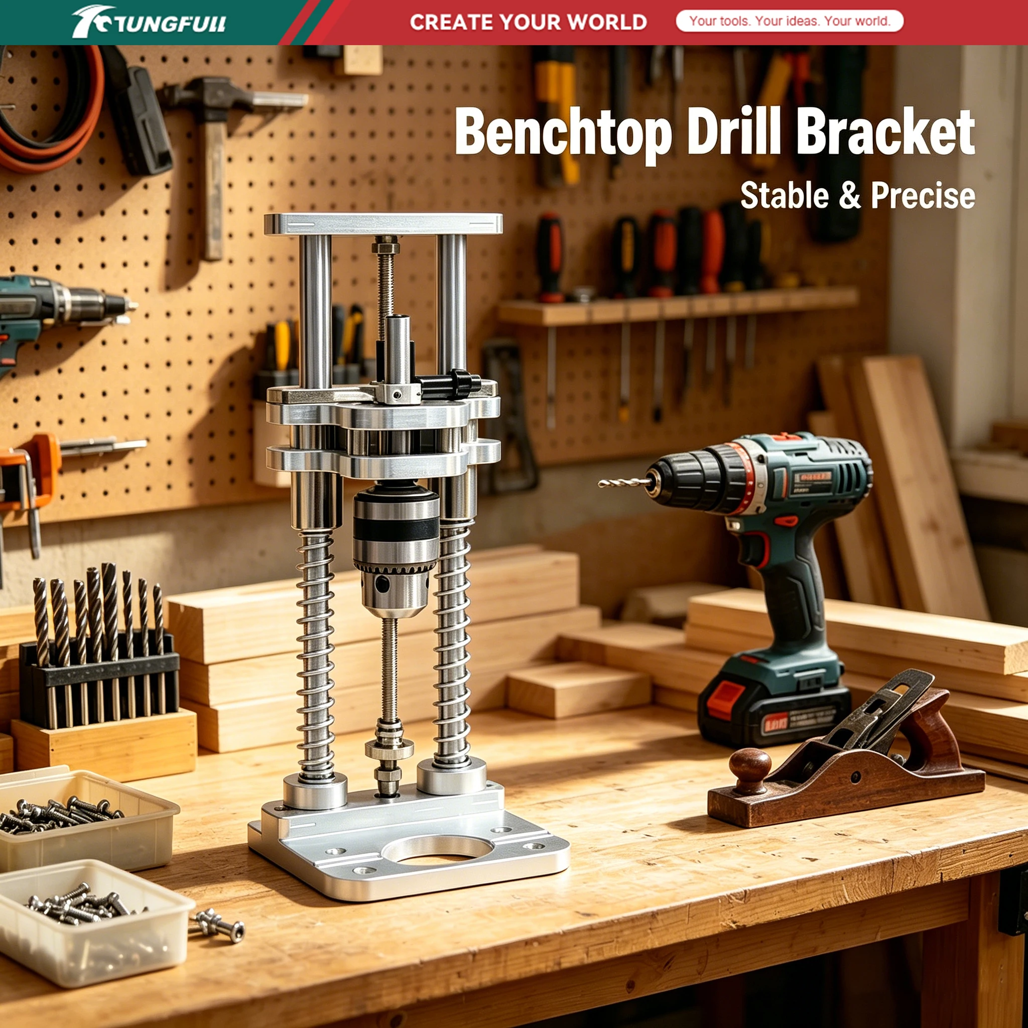 Drill Stand Aluminum Alloy Drill Press Holder Mini Desktop Vertical Bracket for Cordless Electric Drill Woodworking DIY TUNGFULL