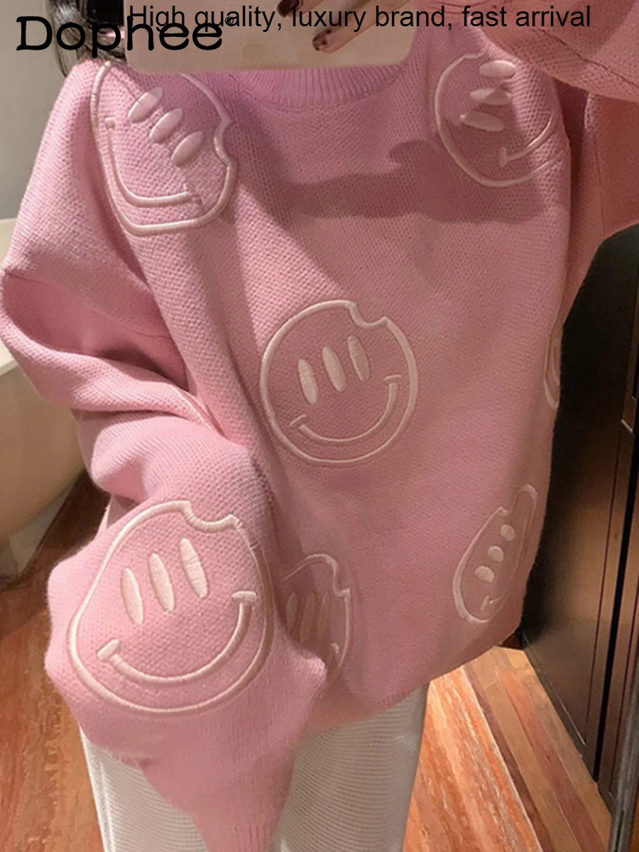 

Neck Sweet Round Pink Sweatshirt Women Spring Autumn Western Style Cute Cartoon Embroidery Loose Mid-Length Hoodies Jacket Top