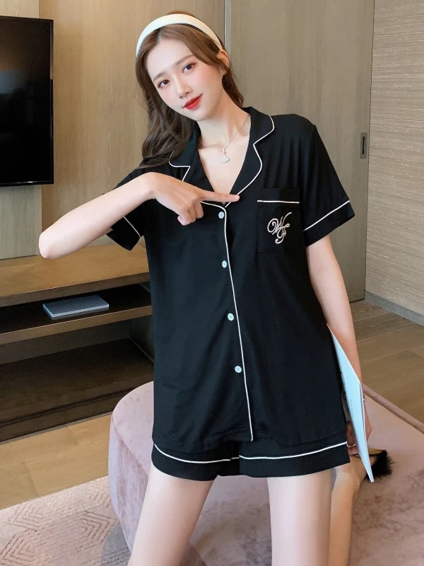Spring Summer Women's Pijama Cotton Short-sleeved Short Trousers Pajamas Set Home Wear Clothes Black Style Women Pijama