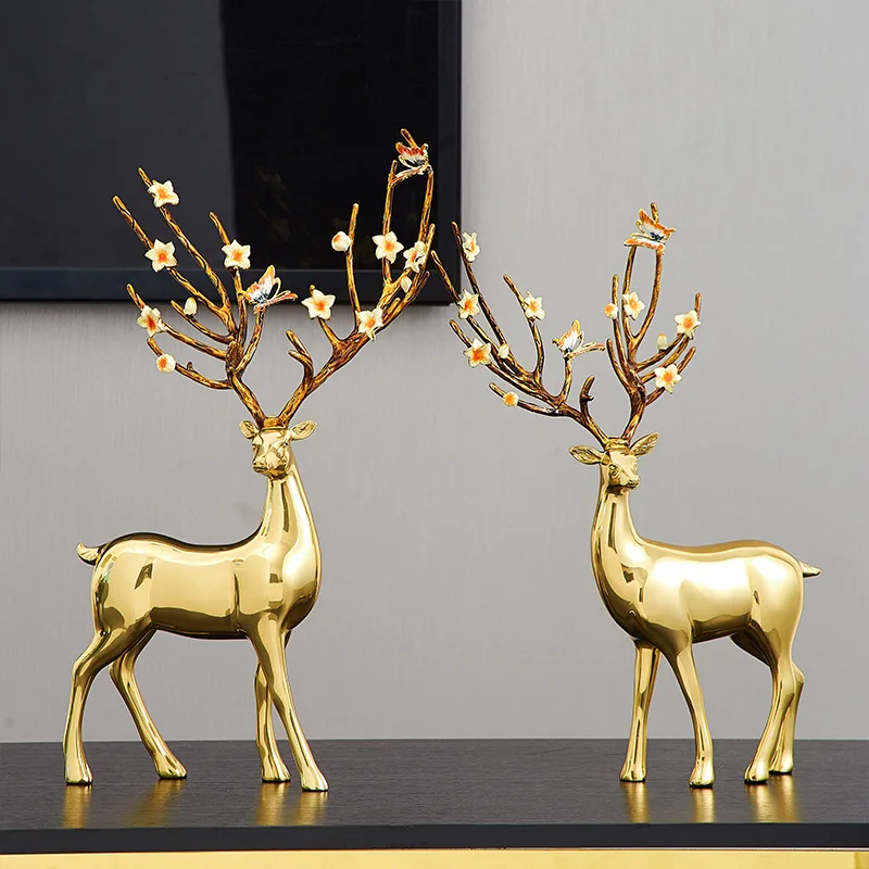 

Golden Deer Metal Simulation Animal Sculpture Sika Embossed Flower Antlers Handicraft Ornaments Home Decoration