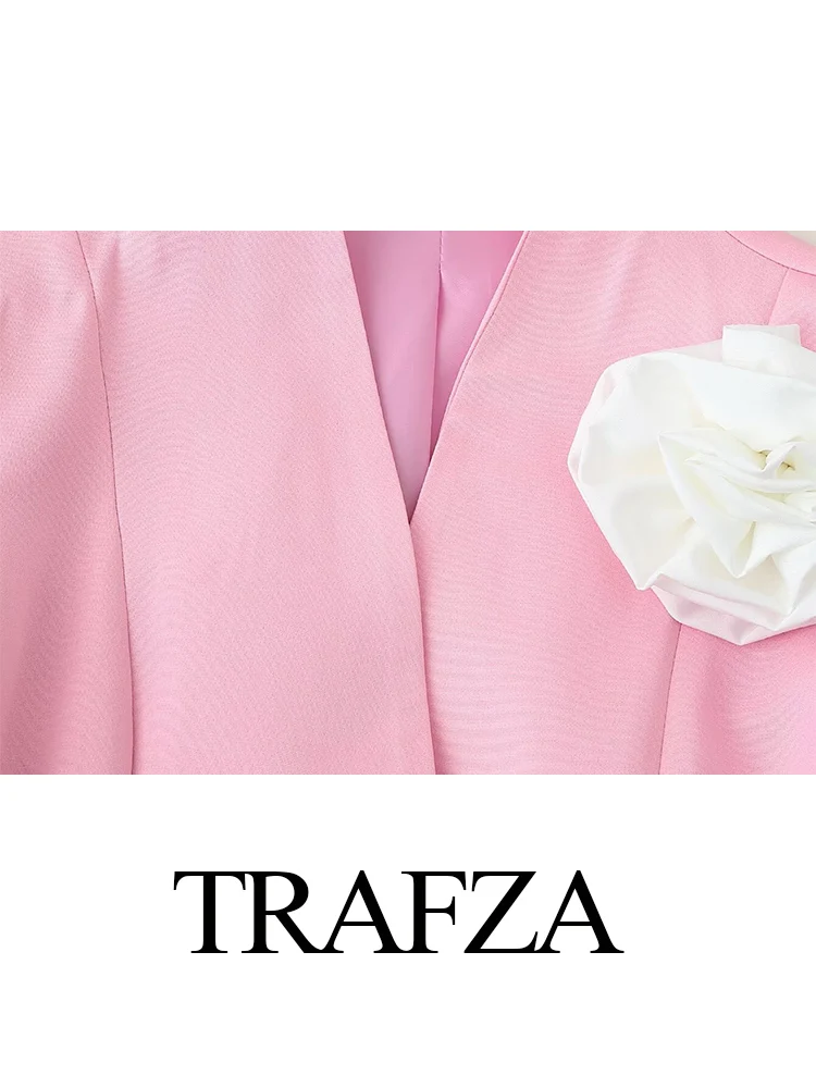 HH Women Autumn Fashion V-neck Single-breasted Short Sleeves Blazer Top Female Temperament Pleated 3D Flower 2-Color Jacket