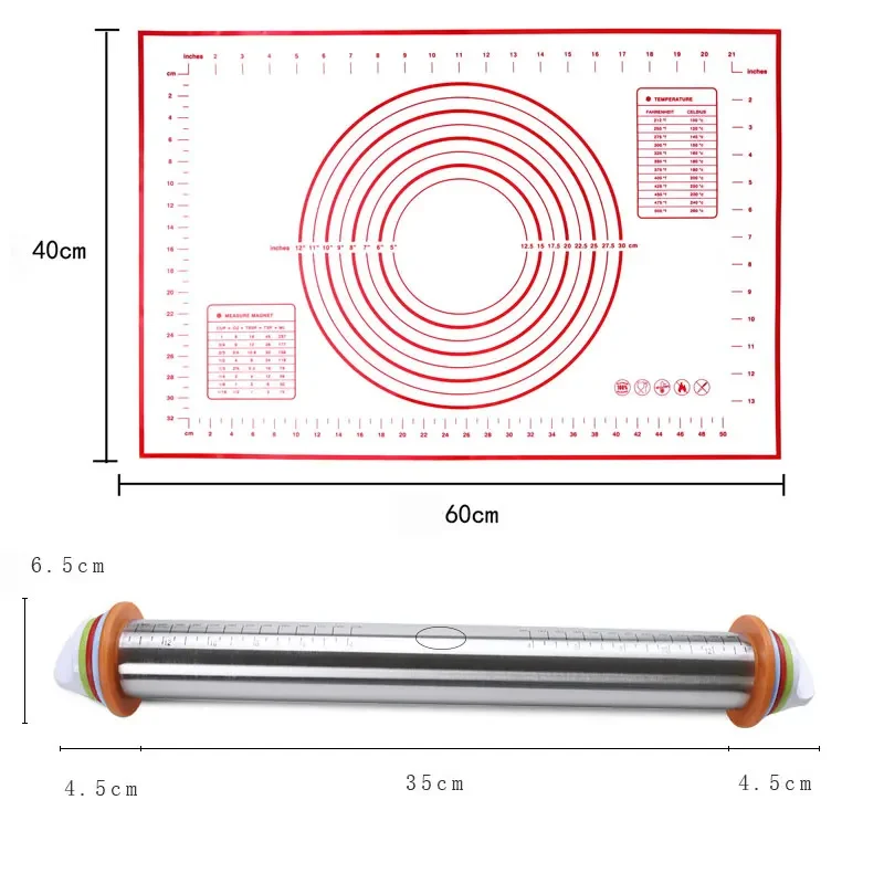 Geetest 17inch adjustable stainless steel rolling pin&Dough mat(60*40cm) Baking Set Tools Kitchen Accessories