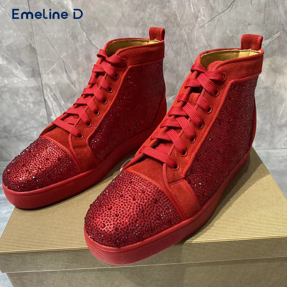 Vermelho cheio de diamante cristal tênis dedo do pé redondo rendas-up deslizamento fosco sapatos casuais de luxo personalidade da moda unisex sapatos