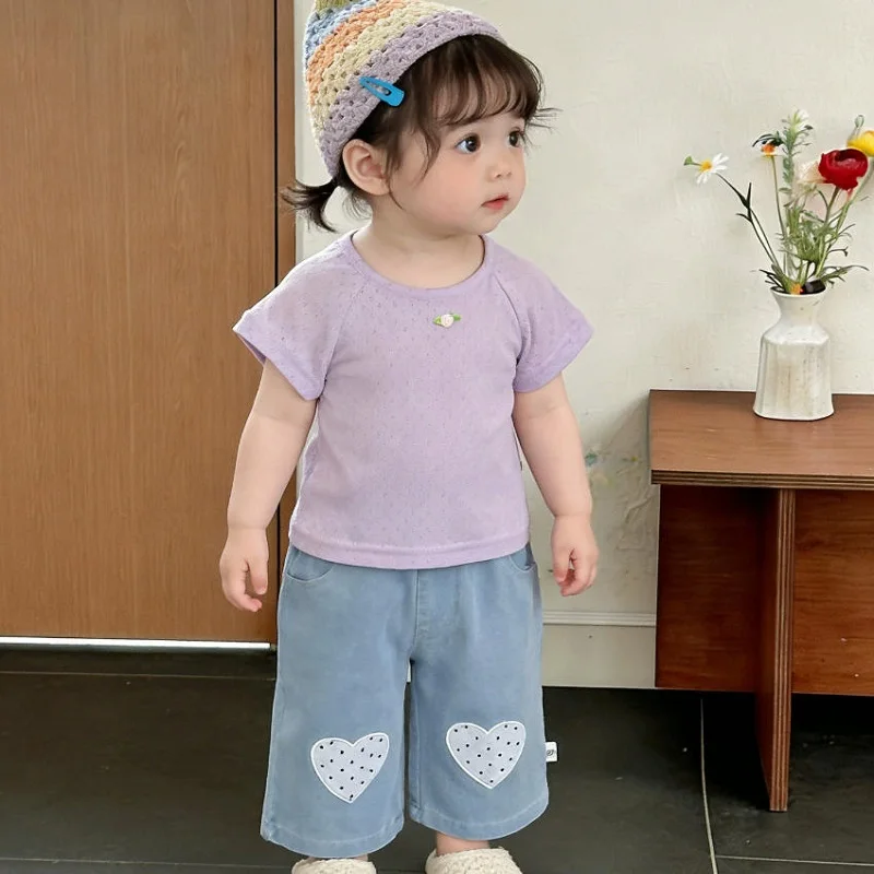 夏用幼児女児コットン半袖tシャツ＆刺繍ハートデニムパンツセット-キッズスイート2ピース子供服-0-3歳