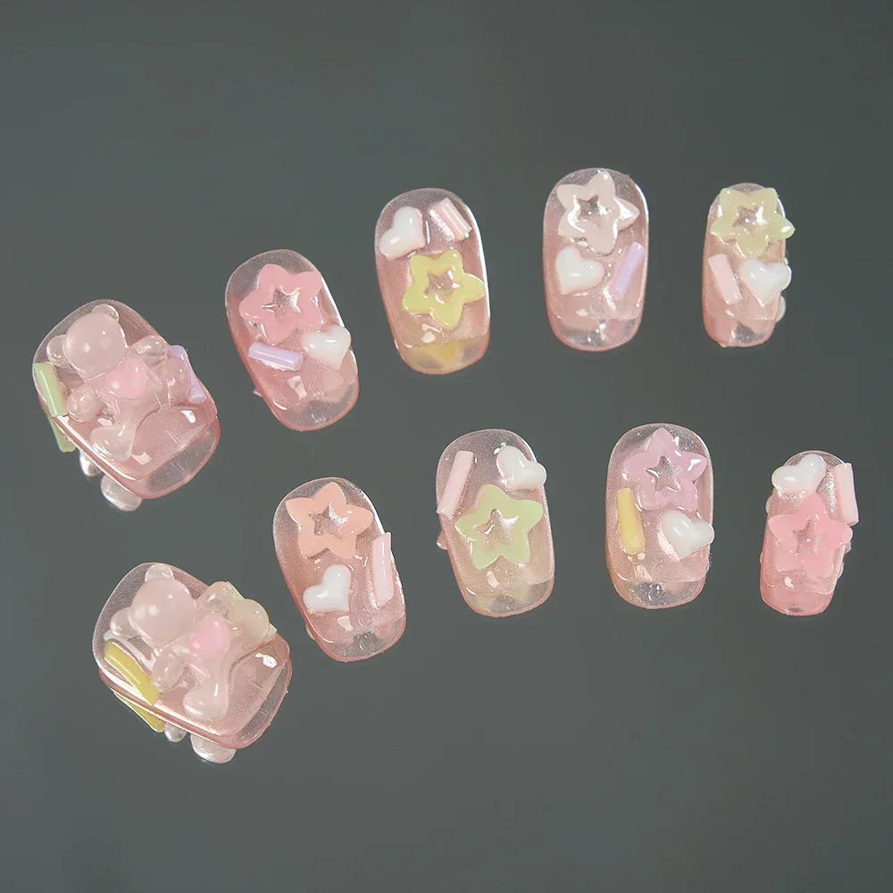 10Pcs Pink Cute Bear Design Press on Nails Short Square Handmade Fake Nails with Glue Reusable Full Cover False Nails Tips