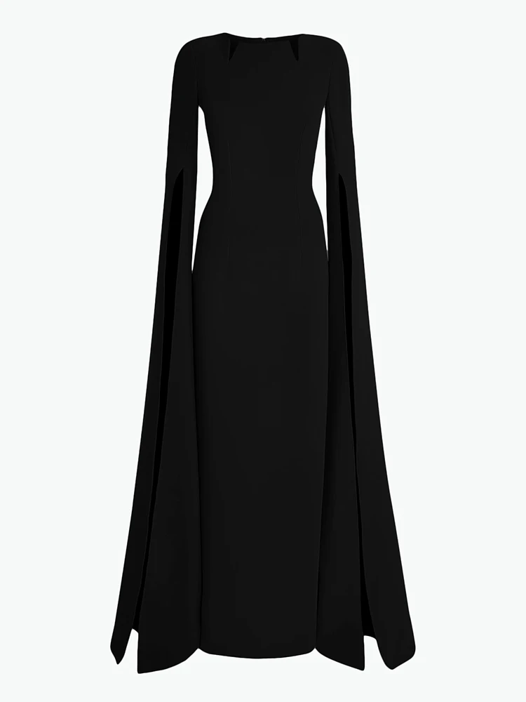 CHICEVER Solid Elegant Slimming Dresses For Women Round Neck Cloak Sleeve High Waist Minimalist Temperament Split Dress Female