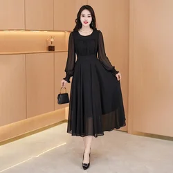 Y2k Spring Solid Black Midi Dress Women New Long Sleeve French Elegant Temperament One Piece Dress Evening Party Prom Robe Lady