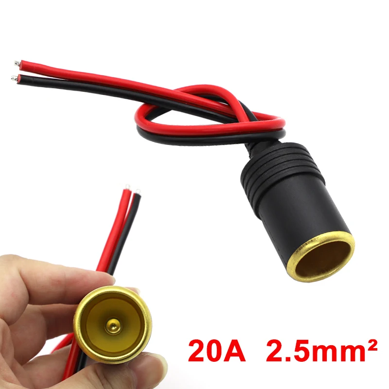 

1PCS 20A 12v 24v Car Mounted Cigarette Lighter Charger Female Socket Connector Power Socket High Power Line Copper wire 30CM DIY