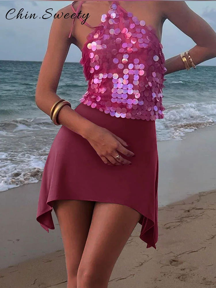 

Sexy Halter Sequined Lace Up Top Women Solid Shiny Sleeveless Backless Slim Tops Female 2025 Summer Lady Beach Party Vests New