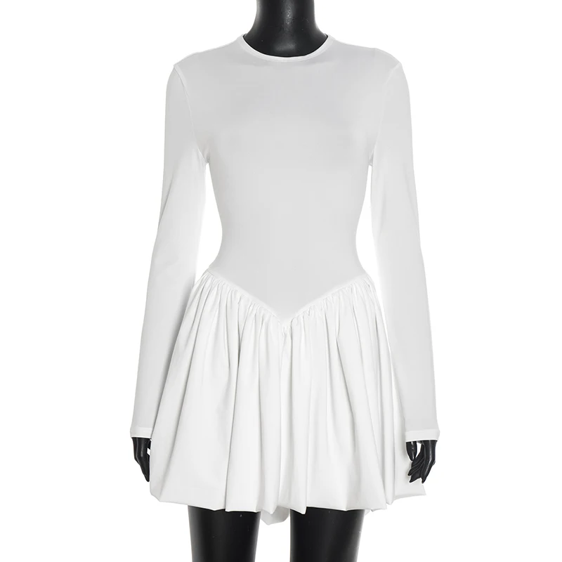 Tornova elegante plissado mini vestido feminino volta oco abotoado vestido de cintura alta manga longa moda feminina vestido de festa de deslocamento