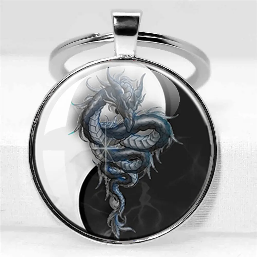 Yin Yang Dragon Keychains Black and White Yinyang Tai Chi  Glass Pendant Key Chain Taoist Symbols Keyring Jewelry Gift