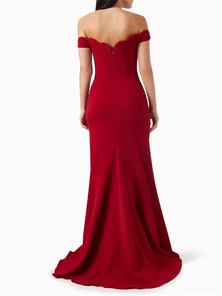 Customized Chic Red Heart-shaped Off-shoulder Evening Dress, Sleeveless Irregular Heart-shaped V-neck Waist Pleated Slim Dress