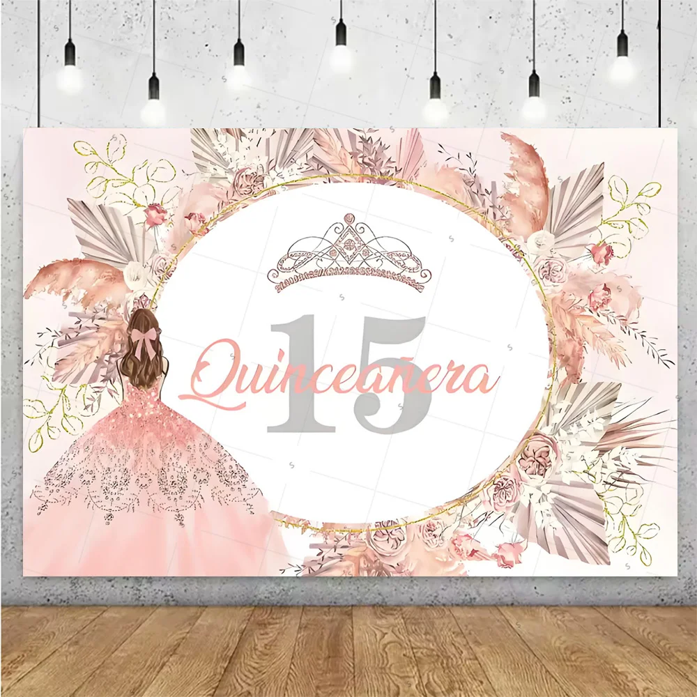 อุปกรณ์ตกแต่งงานวันเกิดเจ้าหญิงอายุ 15 ปี ชุดเดรสเด็กผู้หญิง ฉากหลัง มงกุฎกลิตเตอร์ พื้นหลังดอกไม้ อุปกรณ์ประกอบฉากถ่ายภาพ