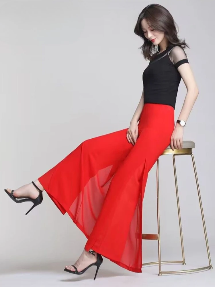 Women's Summer Double Layer Chiffon Wide Leg Pants High Waist Flowy Trousers Sheer Mesh Dance Skirt Pants with Side Slit