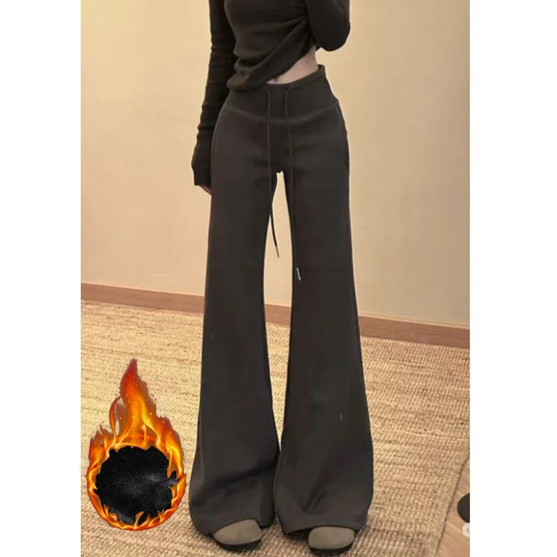 Winter Lady High Waist Velvet Thermal Pants Women Fashion Straight Leg Plush Trousers Girls Snow Warm Thin Flared Pants