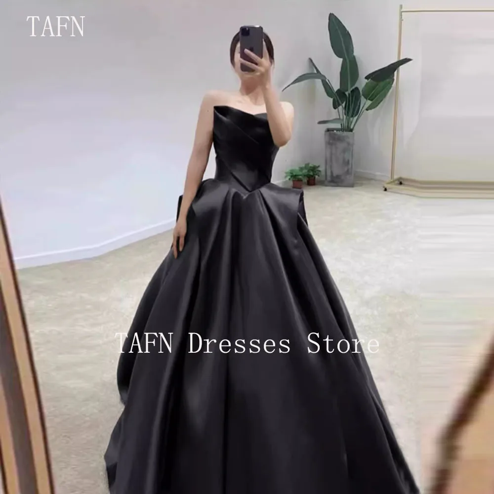 TAFN 블랙웨딩드레스 Black Wedding Dresses Strapless A-line Sleeveless Simple Bridal Gown Custom Made Satin Draped Photo Shoot Gown