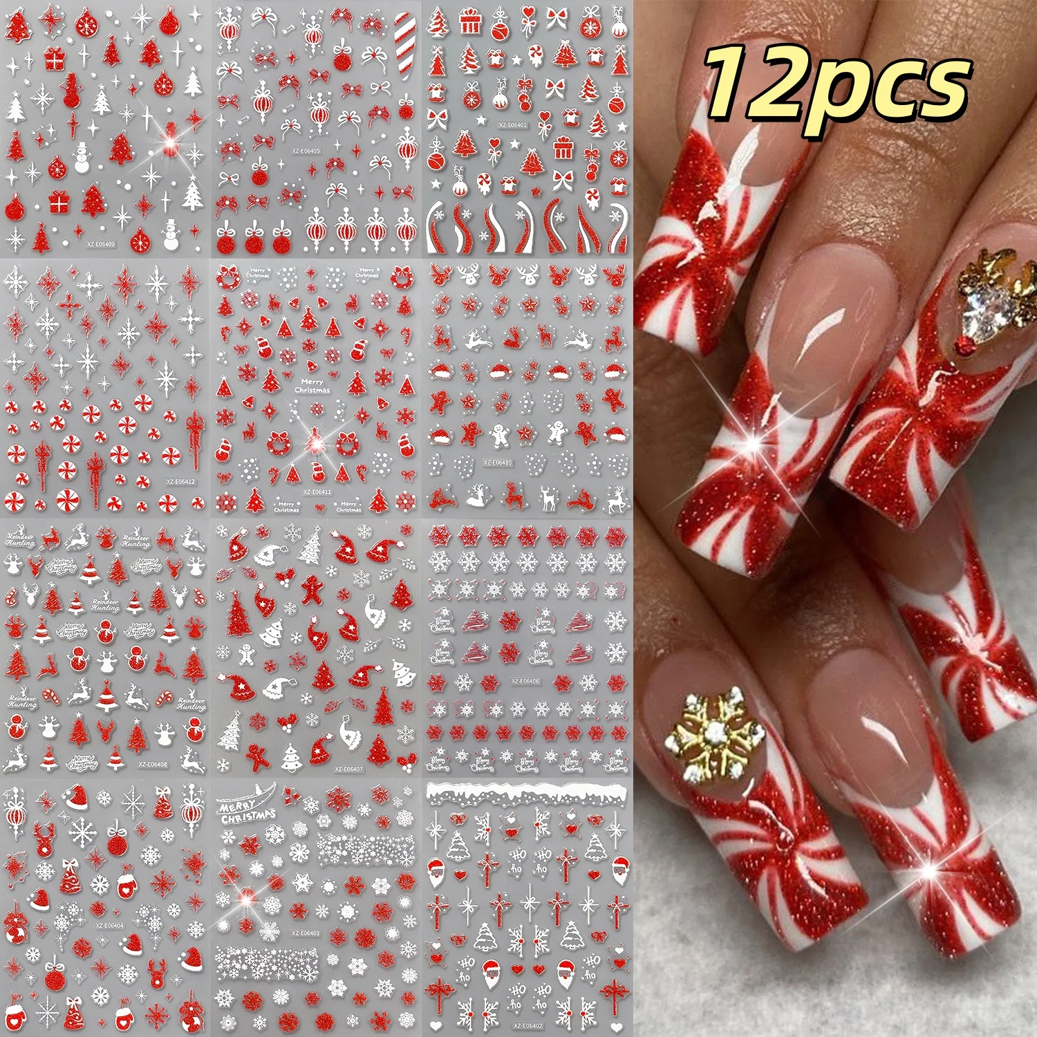 12Pcs Christmas Nail Stickers Mixed Red Xmas Element Candy Cane Bow Sock Snowman Nail Decals Christmas Eve Celebration Nail DIY*
