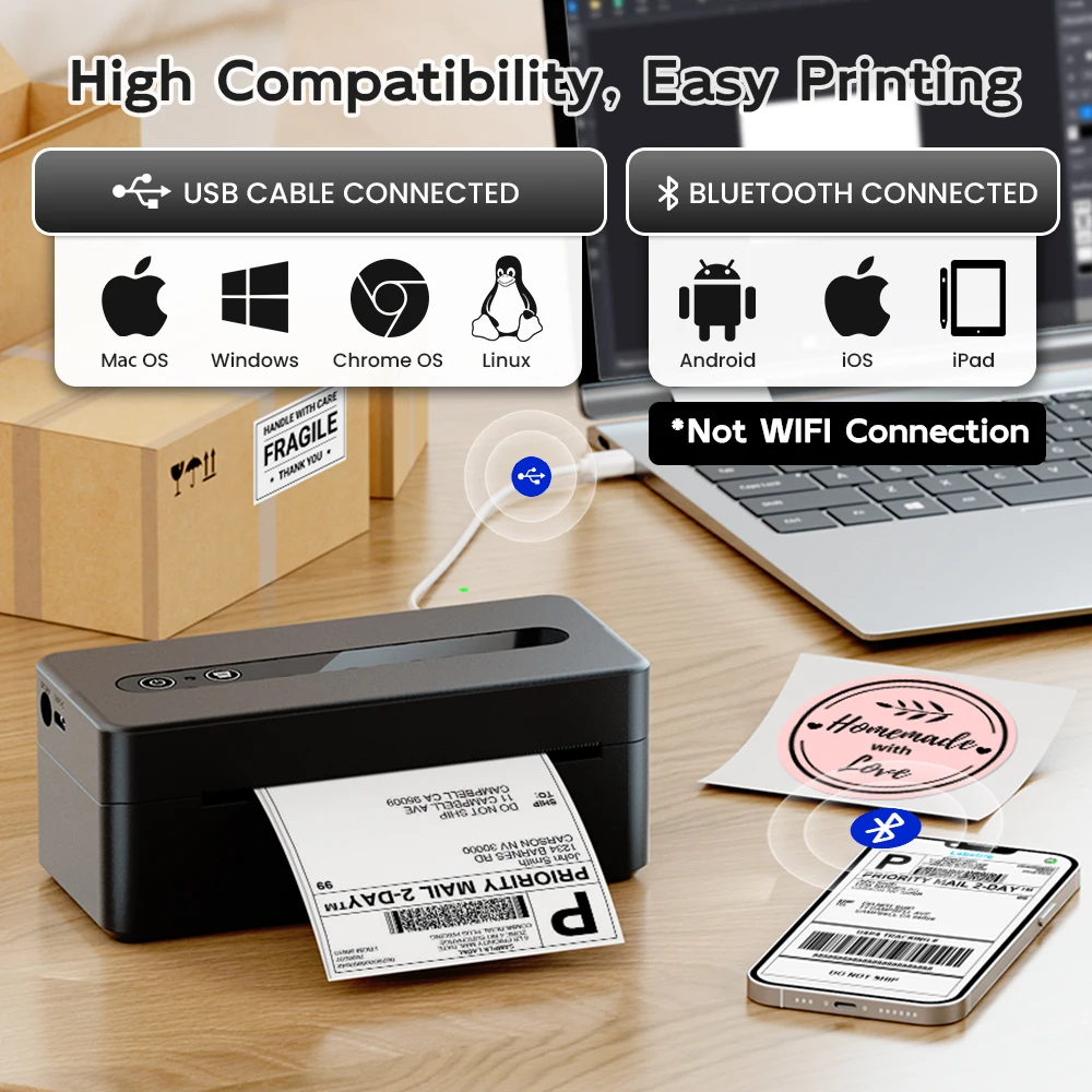 PM2411 Label Printer Bluetooth Shipping Label Printer 25-115mm for Small Business & Packages,4X6 Shipping Thermal Label Maker