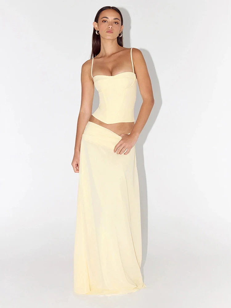 

Sexy Pleated Slim Maxi Skirt Set Women Solid Sleeveless Off Shoulder Sling Corset Top Suit 2026 Lady Holiday Party Outfit New