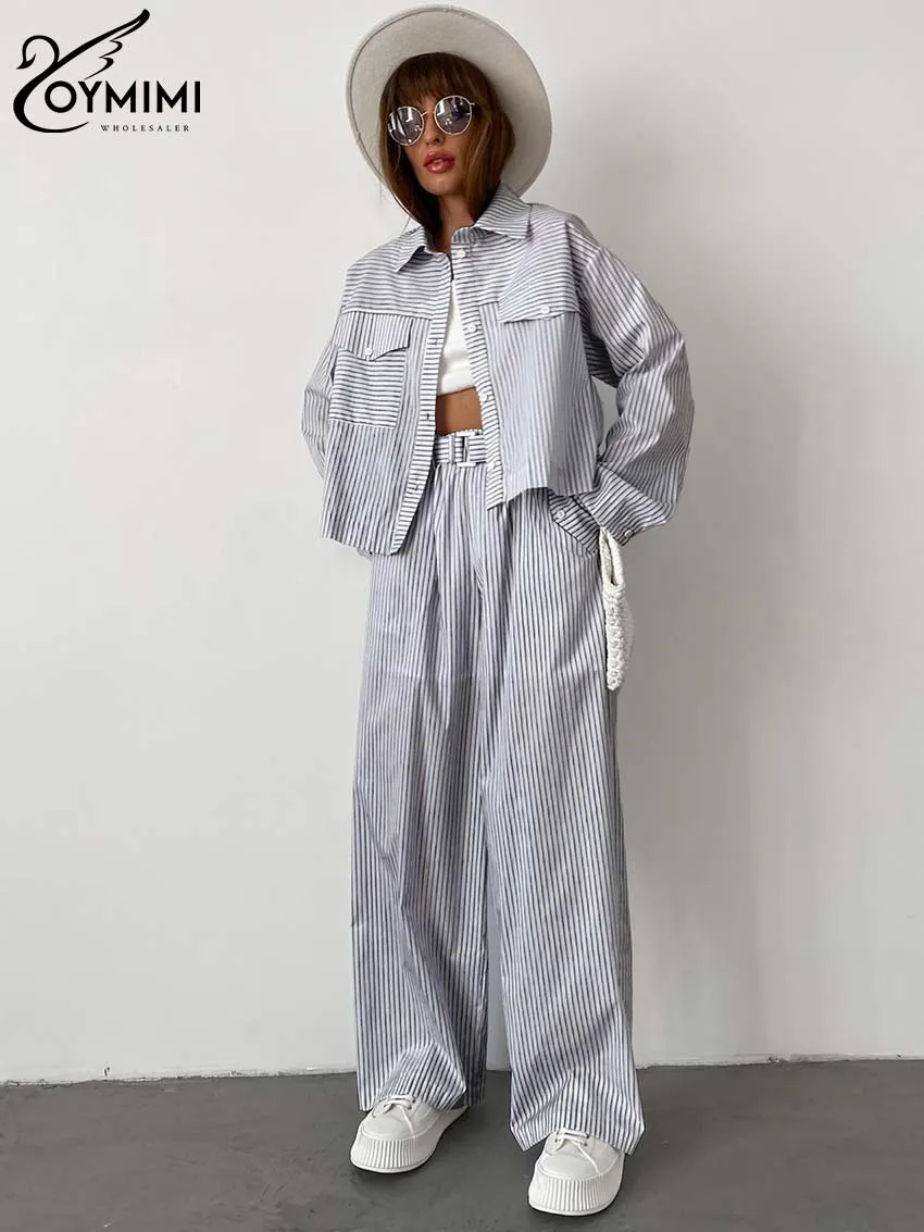 Oymimi-Ensemble 2 Pièces Élégant à Rayures Bleues pour Femme, Chemise à Manches sulfet Poches, Pantalon Droit, à Revers, à la Mode
