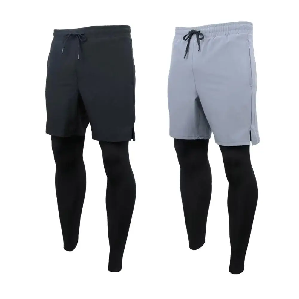 Men's Running Pants 2 In 1 Cropped Pants Compression Running Trousers Quick Dry Fitness Gym Leggings Training Bottoms