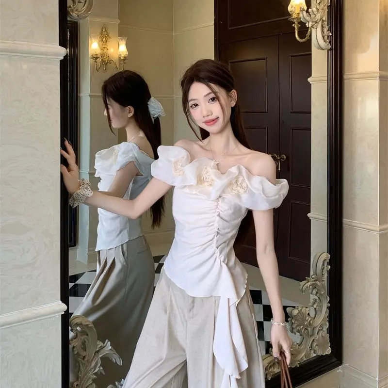 

Новая асимметричная футболка с цветочным принтом и надписями, летняя, приталенная, тонкая, плиссированная, женская, изысканная, простая, повседневная, модная