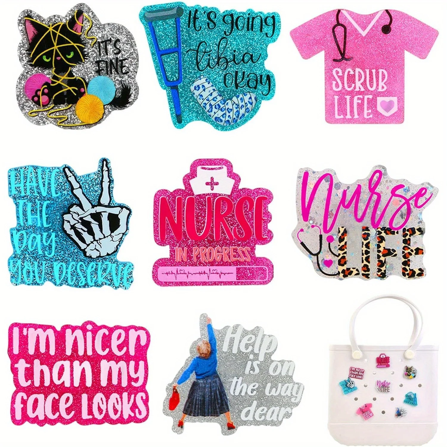8pcs Nurse Charms compatible for Bogg Bags Accessories Decoration fits for Simply Southern Beach Totes