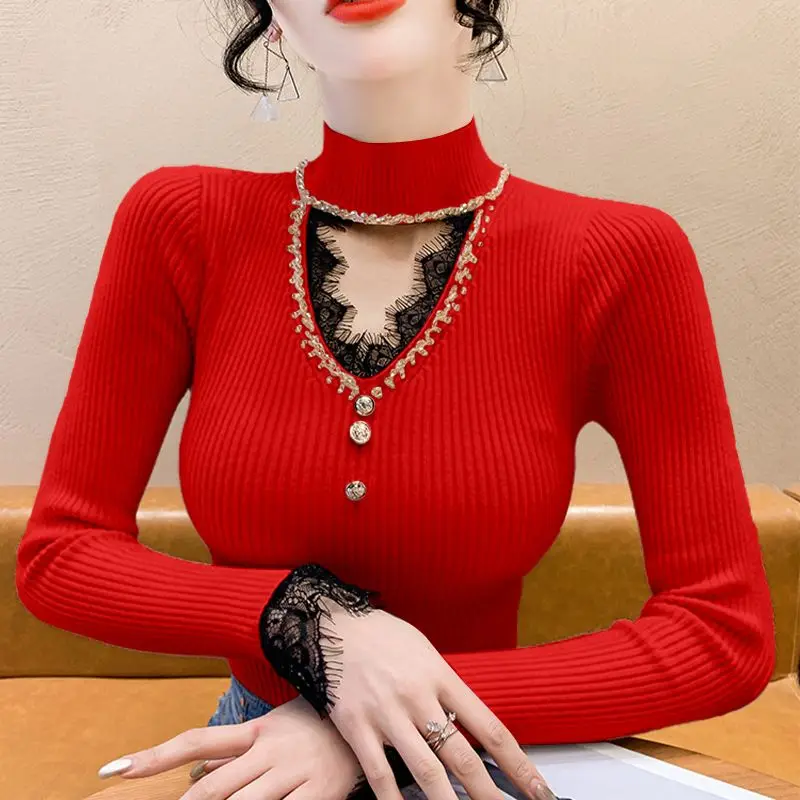 女性用ハーフハイネックセーター,ニットセーター,透かし彫り,長袖,スリムフィット,セクシーなレースのファッション,新しい秋のコレクション2024