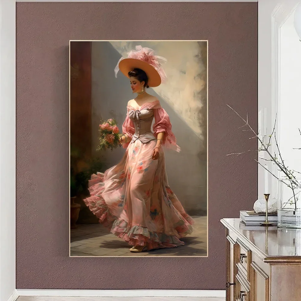 Elegant Aristocratic Woman in Gorgeous Dress and Hat Very Elegant Retro Poster Canvas Painting Wall Art Picture Home Decoration