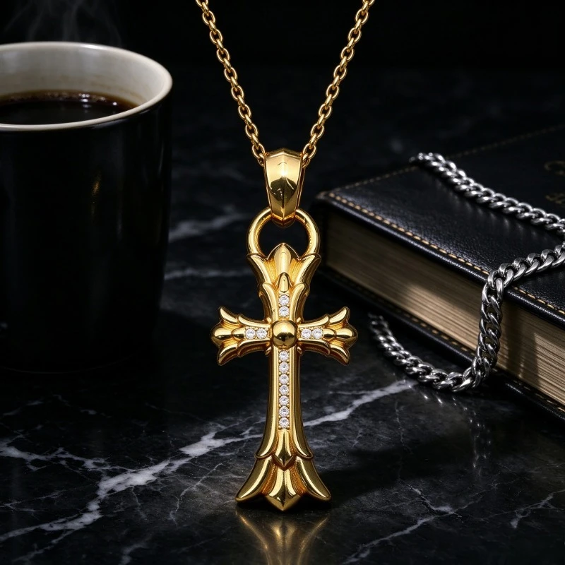 Gothic Engraved Cross Shape Pendant, Vintage Antique Silver Tone Stainless Steel Unisex Jewelry, Punk Rock Street Style Charm, Waterproof Metal Pendant for Daily Wear, Party and Festival Gift for Him Her