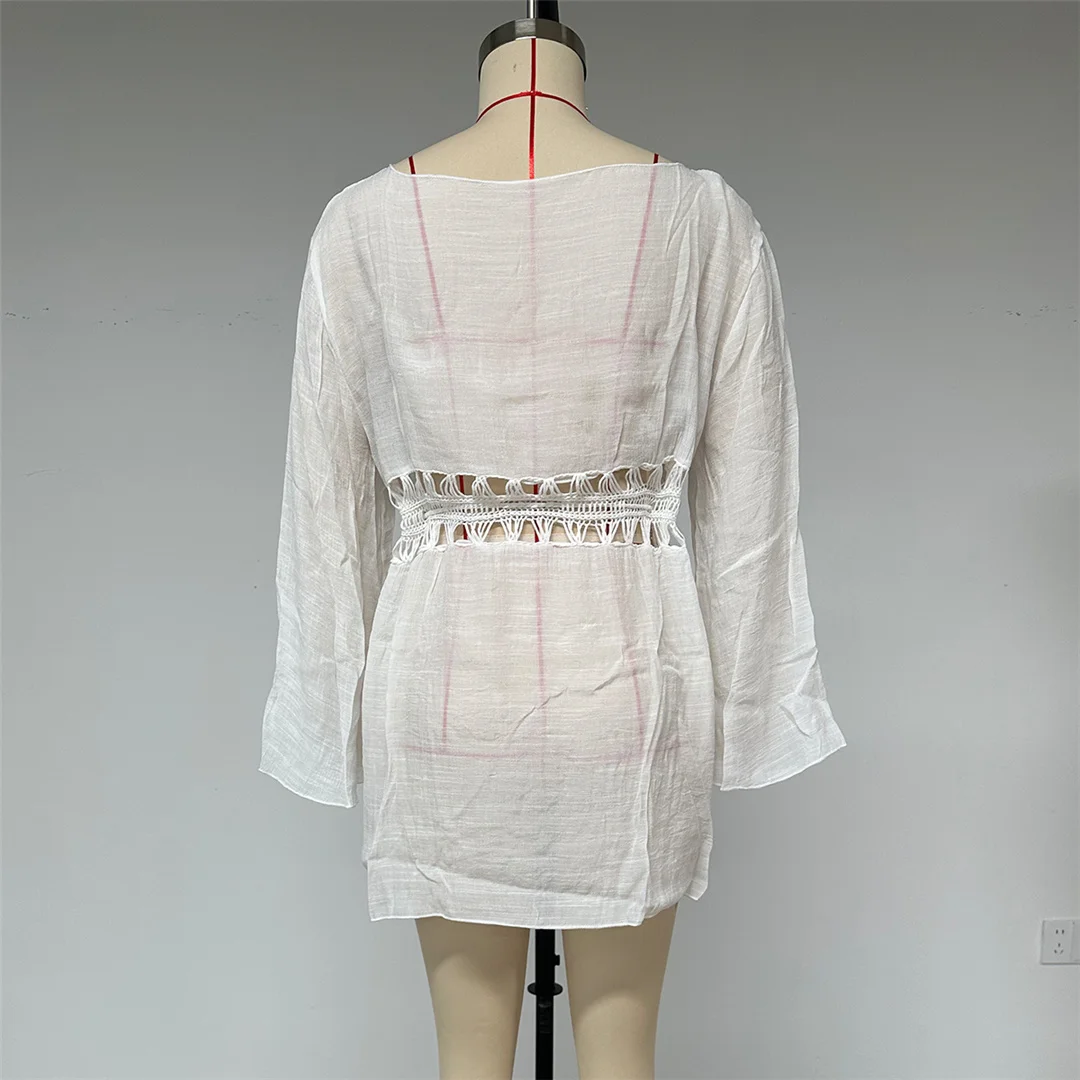 Langärmliges, V-Ausschnitt-Tunika mit Aushöhlungen, gehäkelt, Strickstoff, Strandkleid, Strandmode, Damen, V8544 – Detail 10