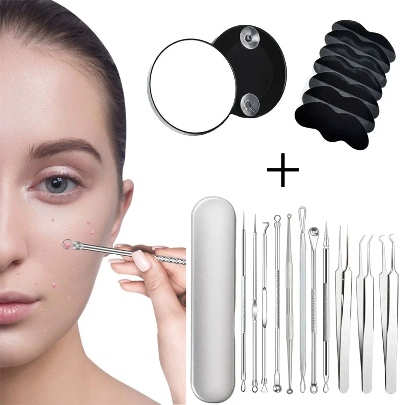 

13pcs Blackheads Remover Pore Cleansing Tools Ultra Fine Stainless Steel Acne Needle Tweezers 10x Magnifying Mirror Nasal Strips
