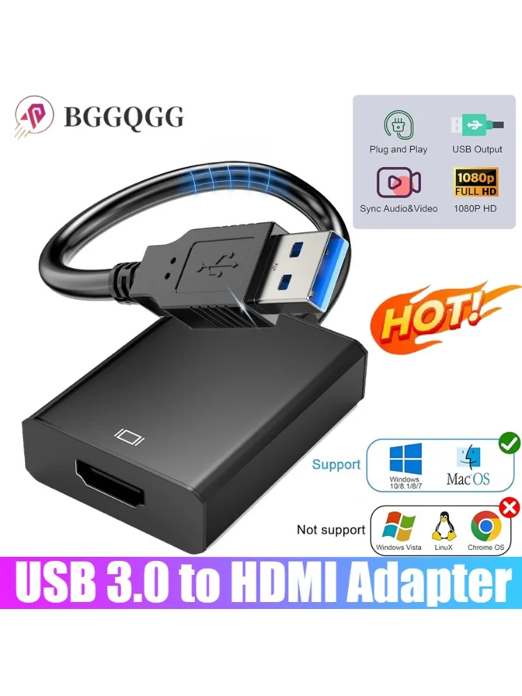 Adaptateur USB 3.0 vers HDMI 1080P, convertisseur USB vers HDMI, câble USB A vers HDMI, adaptateur Audio-vidéo 60Hz pour PC HDTV, projecteur d'ordinateur portable