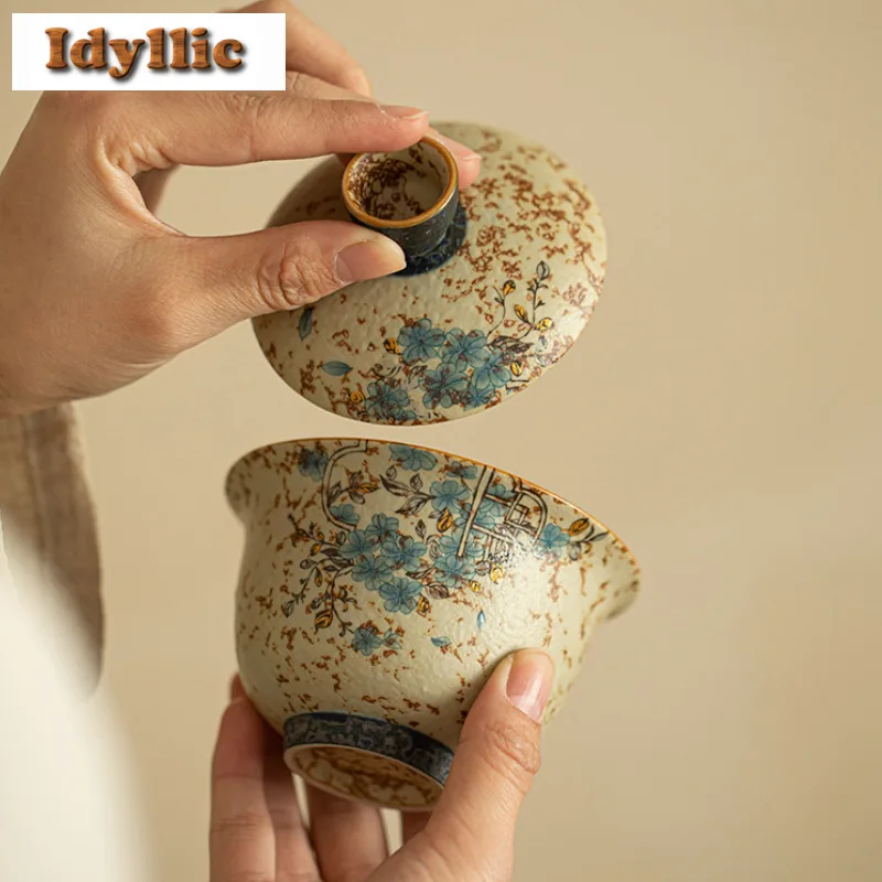 170 مللي تتبع الذهب الأزرق والأبيض النار الحجر الأحمر تحوم Gaiwan الفاخرة الشاي تورين وعاء الشاي مع غطاء عدة صانع الشاي غطاء السلطانية المقاهي #4