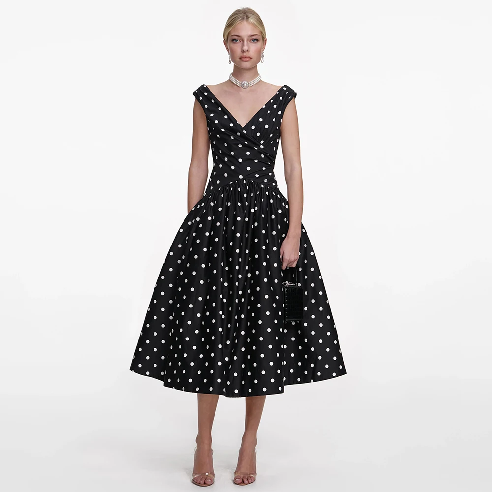 

Customized Modern Cocktail Dress Polkadot A Line V Neck Tea Length Cocktail Gowns With Pockets Midi Princess Party Dresses Short
