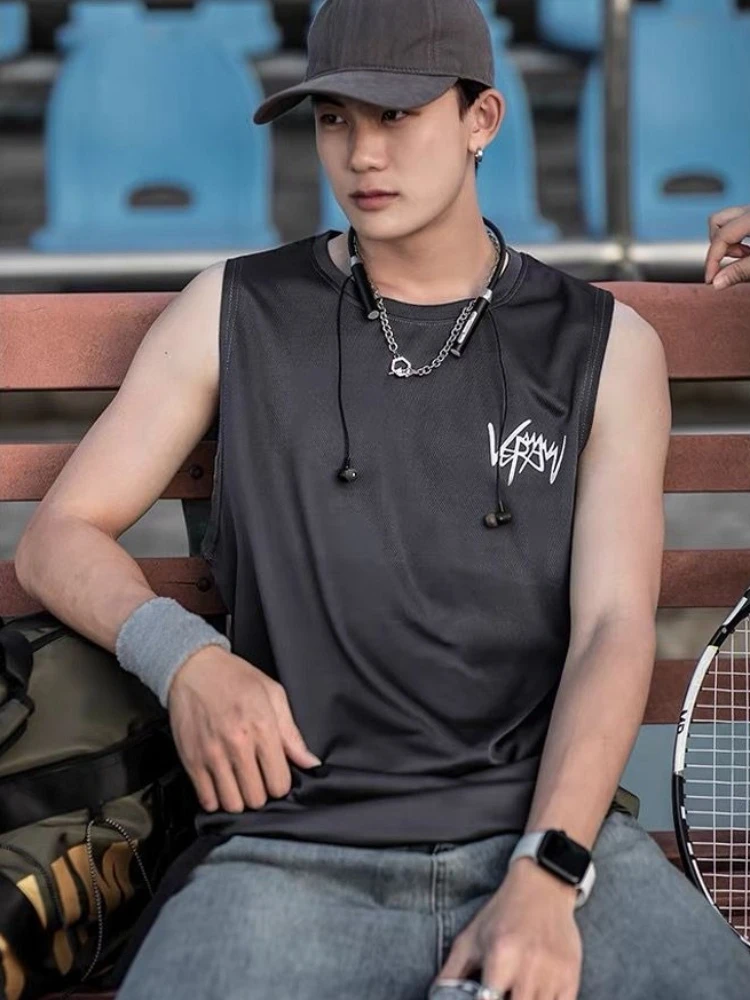 Men's Ice Silk Tank Top Summer Mesh Sleeveless Gym Shirt Quick Dry Basketball Running Plus Size Tee