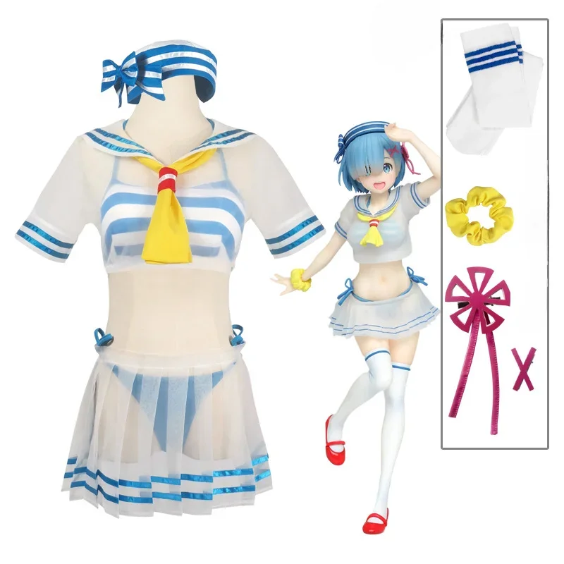 

Anime Re Life In Zero Cosplay Costume Rem Swimsuit Marine Ver Costume Women Sexy Cos Swimsuit Party Dress Hat Full Set