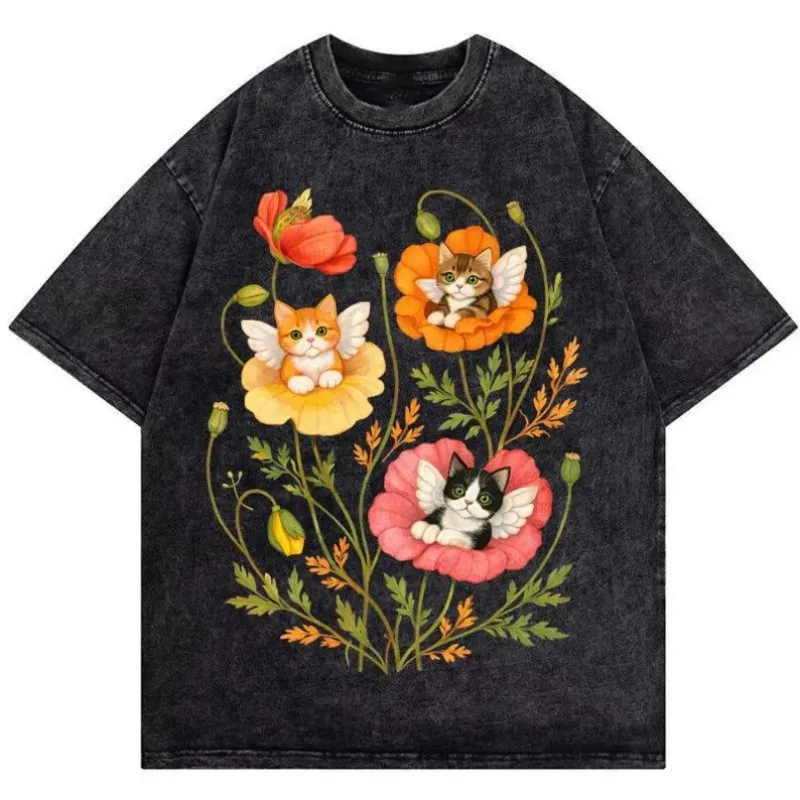 Vintage Washed Angel Cat Flower Print T-Shirt Cute Fairy Kitten Floral Tee Casual Loose Fit Short Sleeve Tops for Men Women