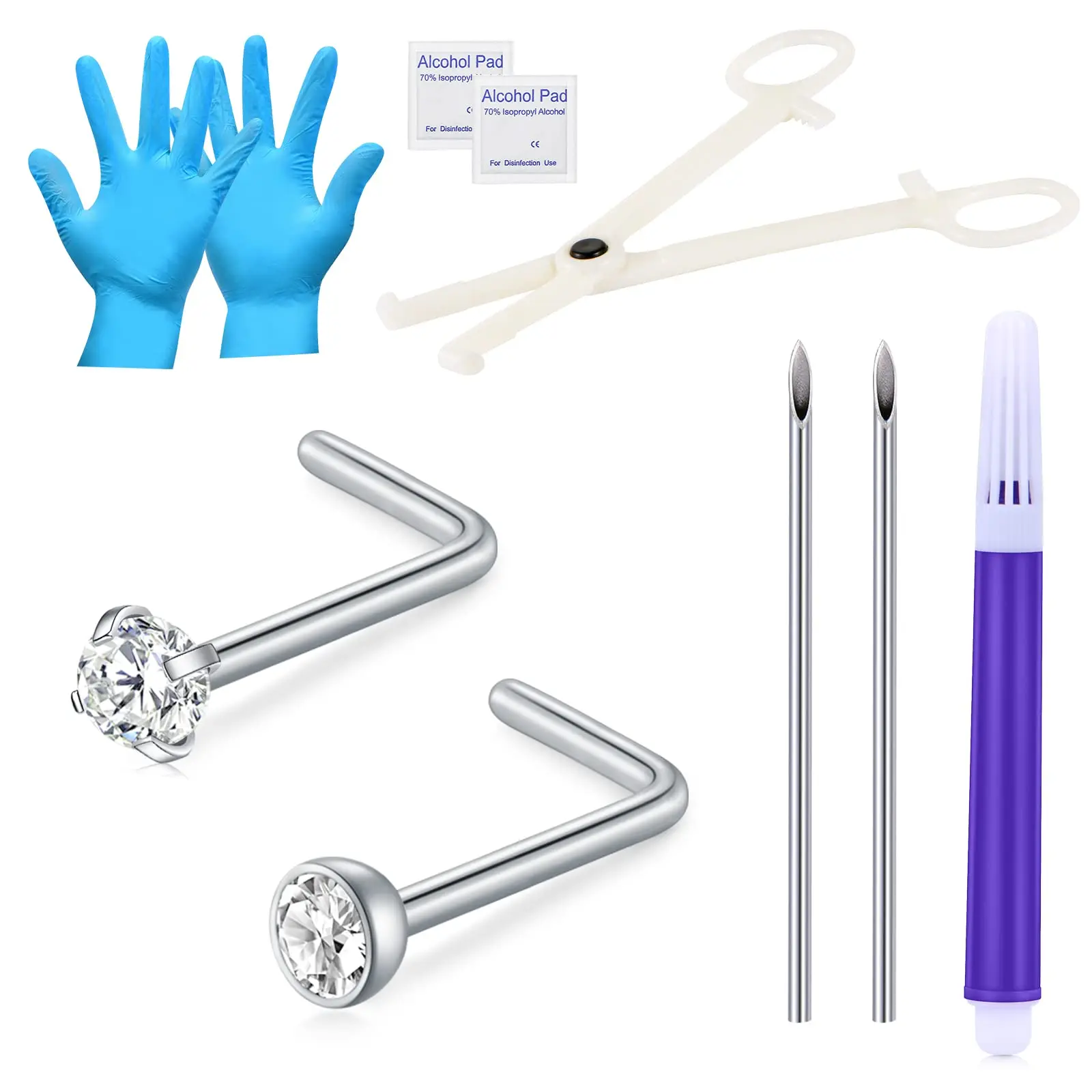 10Pcs Set 20G Nose Studs L Shape Nose Screw with 16G Piercing Needle Surgical Stainless Steel Jewelry for Women Men