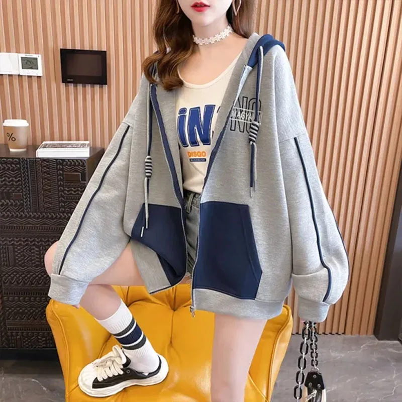 Koreanische Frauen Sweatshirt Patchwork Kapuze Reiß verschluss Brief Langarm Mantel Mode lässig lose Harajuku Jacke weibliche Tops