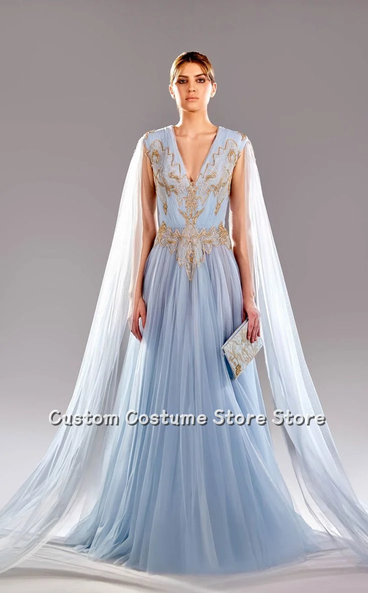 

Customized Pale Blue V-Neck Victorian Ball Gown Pleated Waisted A-Line Floor Length Women's Gorgeous Evening Dresses