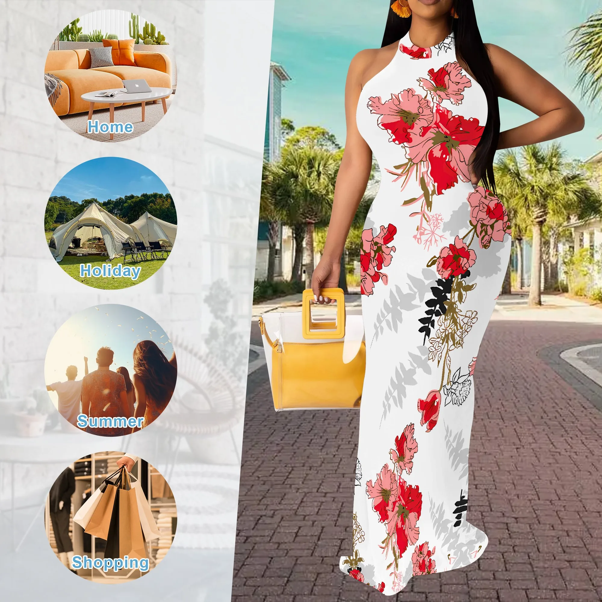 夏ノースリーブホルターネックマキシドレス女性赤花柄ボディコンロングドレスビーチパーティー衣装