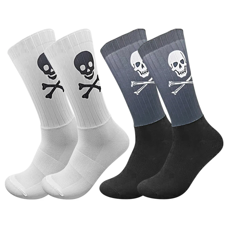 New Men Women Sock Mouth Anti-Skid Silicone Cycling Socks Middle Tube Skull Pattern Casual Outdoor Sports Socks