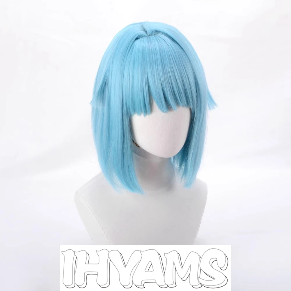 Peluca de Cosplay ES Shino Hajime, pelucas cortas de cuero cabelludo simulado azul hielo de 35cm, pelo sintético resistente al calor