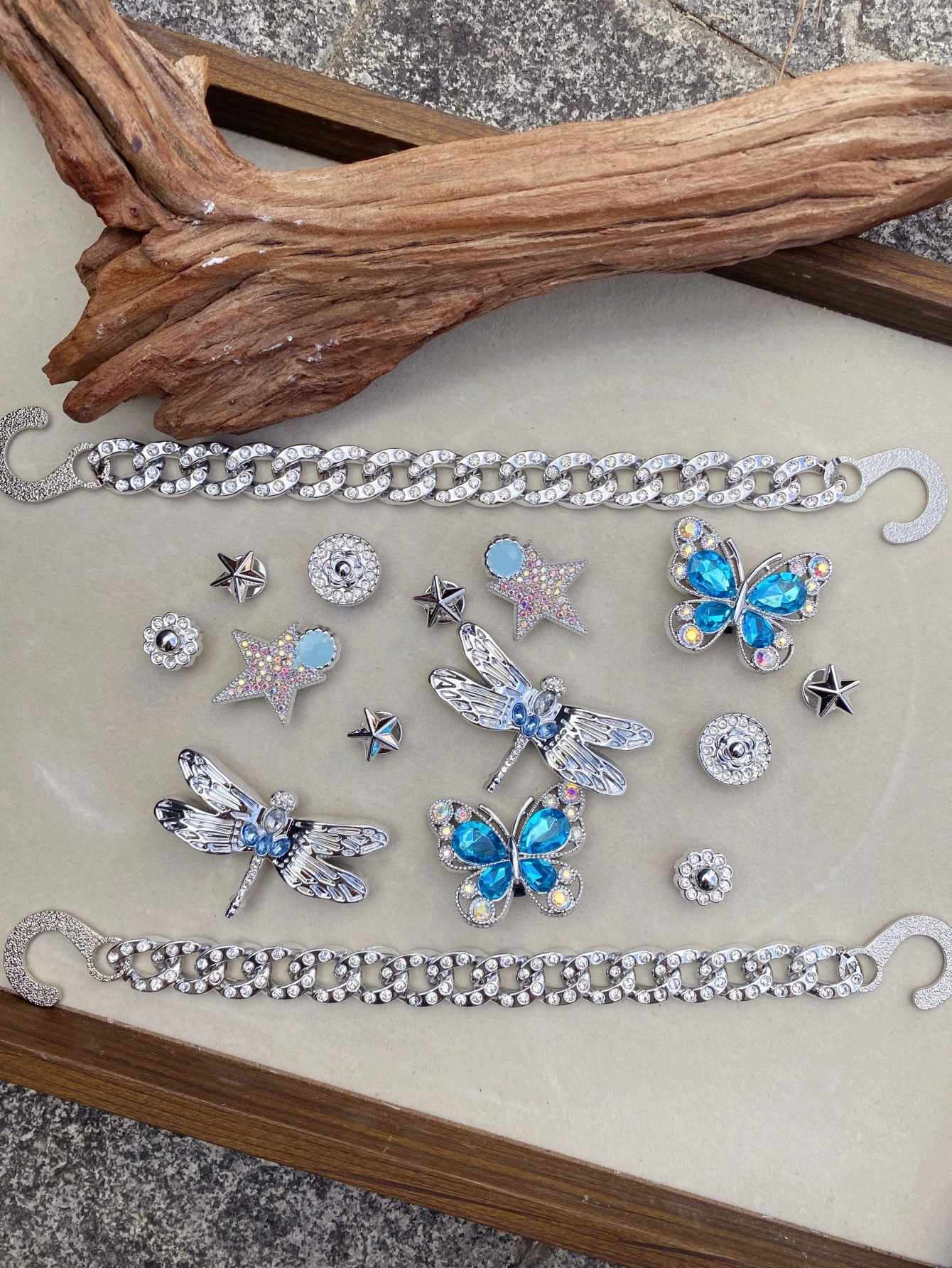 16 إبزيم أحذية فضي (فراشة، اليعسوب، زهرة، نجمة خماسية، سلسلة)، ديكورات DIY، مشبك أحذية متعدد الوظائف ACC