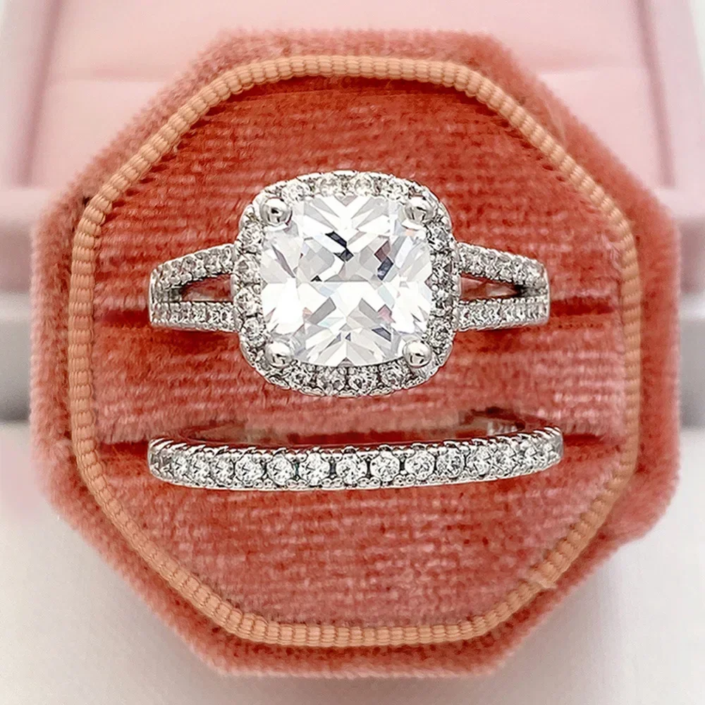 

Lovers Cushion Lab Diamond Finger Ring sets 925 Sterling Silver Party Wedding band Rings for Women Men Engagement Jewelry Gift