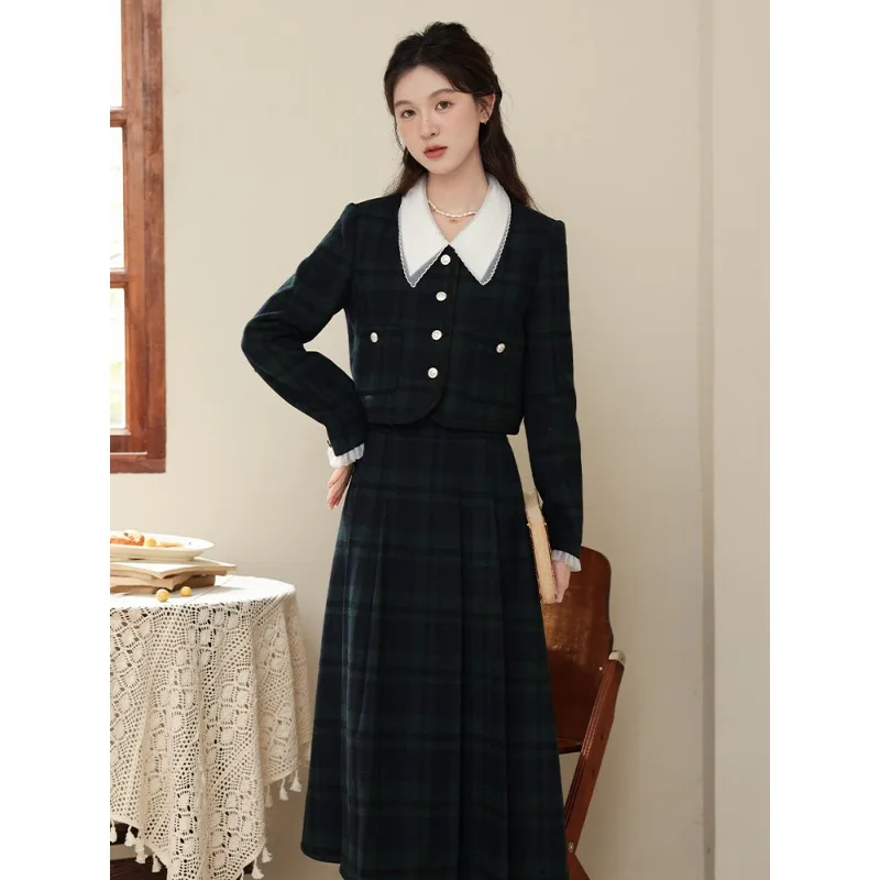 Vintage Plaid Two Piece Outfit Women Autumn Lapel Short Jacket Pleated Midi Skirt Preppy Style Suit S-3XL view 6
