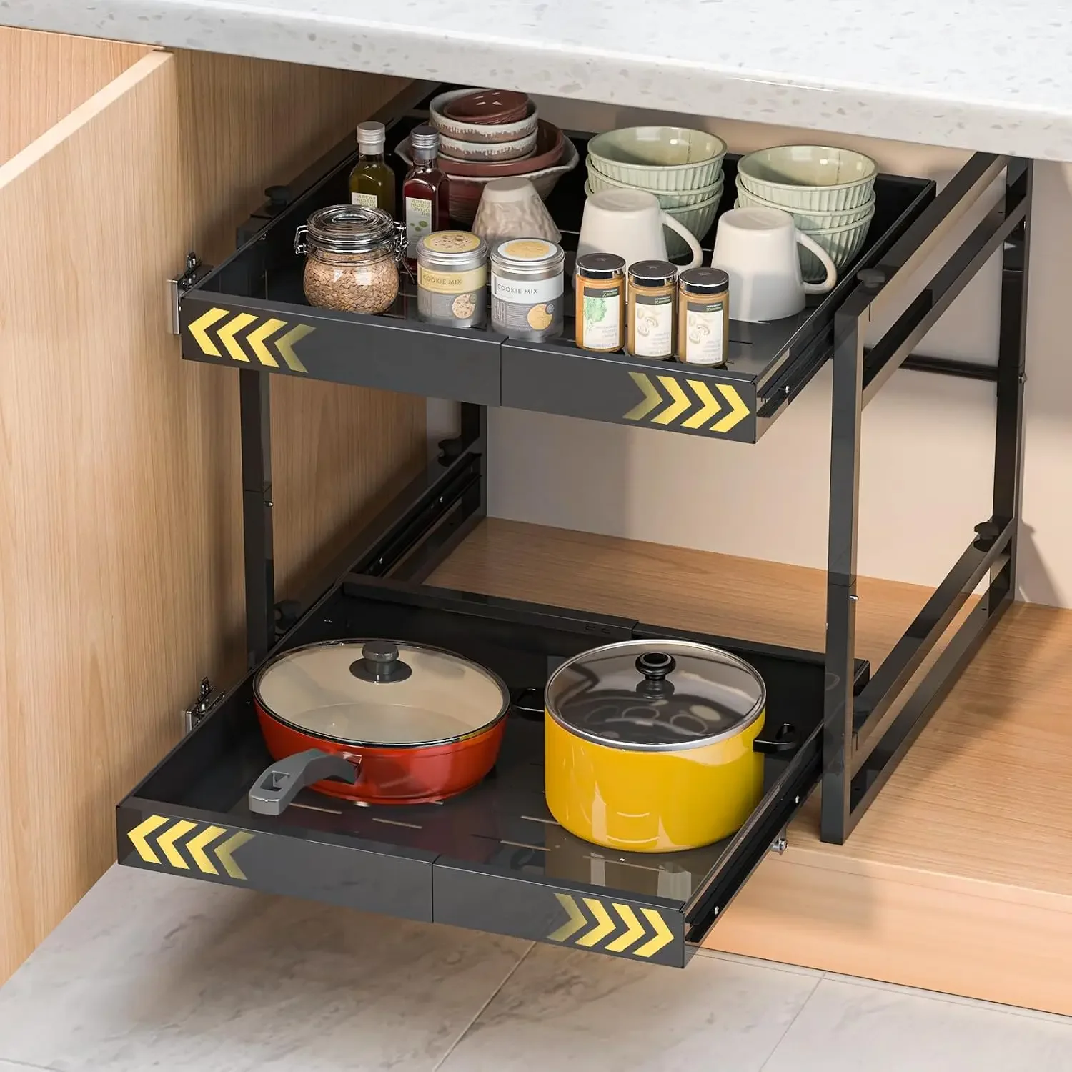 2 Tier Pull Out Cabinet Organizer, 21 inch Depth Slide Out Shelves | Expandable 14
